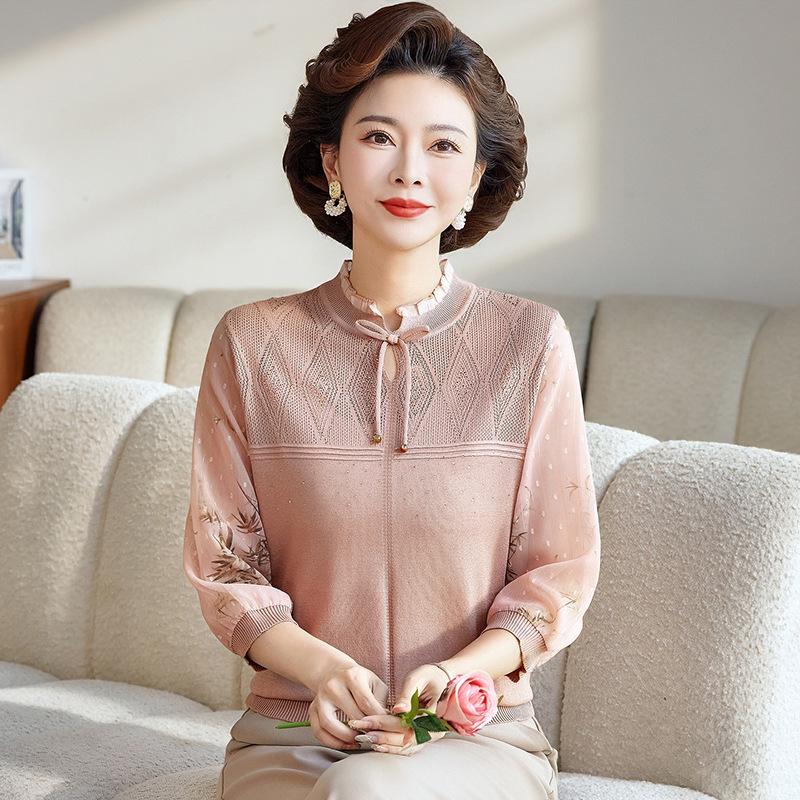 

2026 Summer Knit Chinese Style Blouse with Bow for Middle-aged and Elderly Women 110 (recommended 42-52 kg) рожевий/персиковий