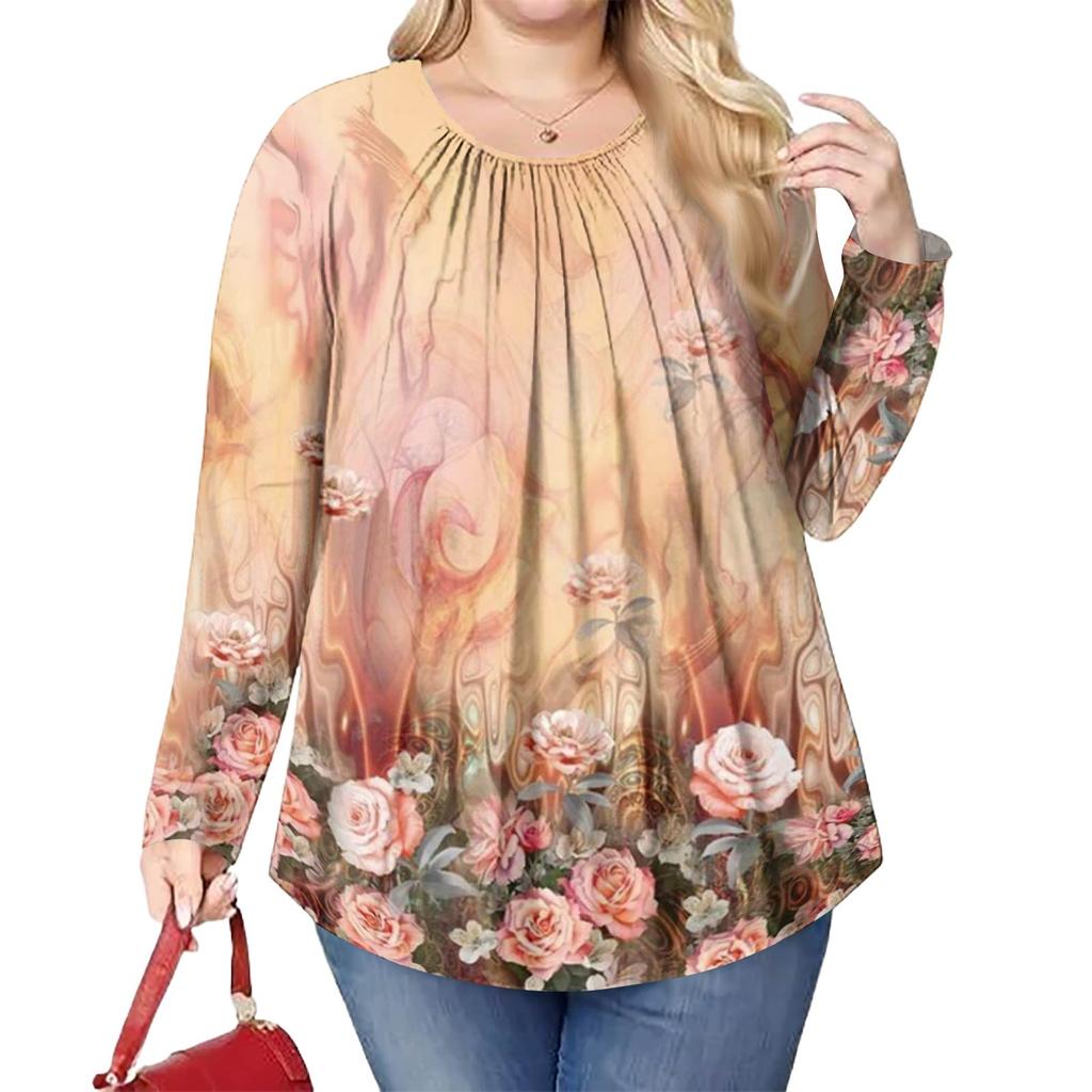 Women's Plus Size Fashion Printed Casual Pleated Round Neck Long Sleeve Top