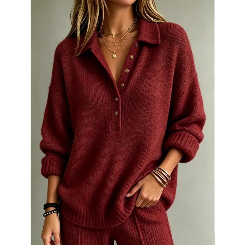Women S Long Sleeve Polo Collar Solid Knit Sweater For Autumn Winter