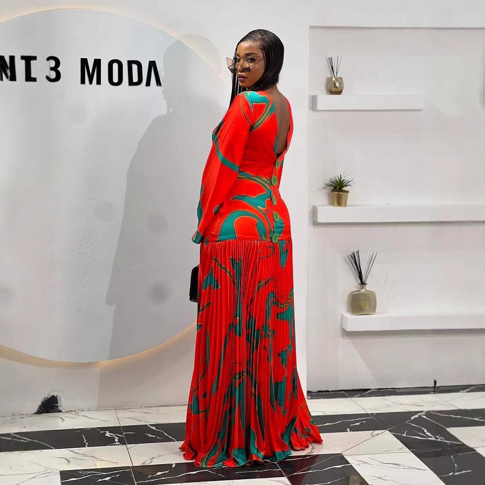 Spot European and American Women's Clothing Spring New Fashion Printing Slim Pleated Pendulum Backless Long Dress