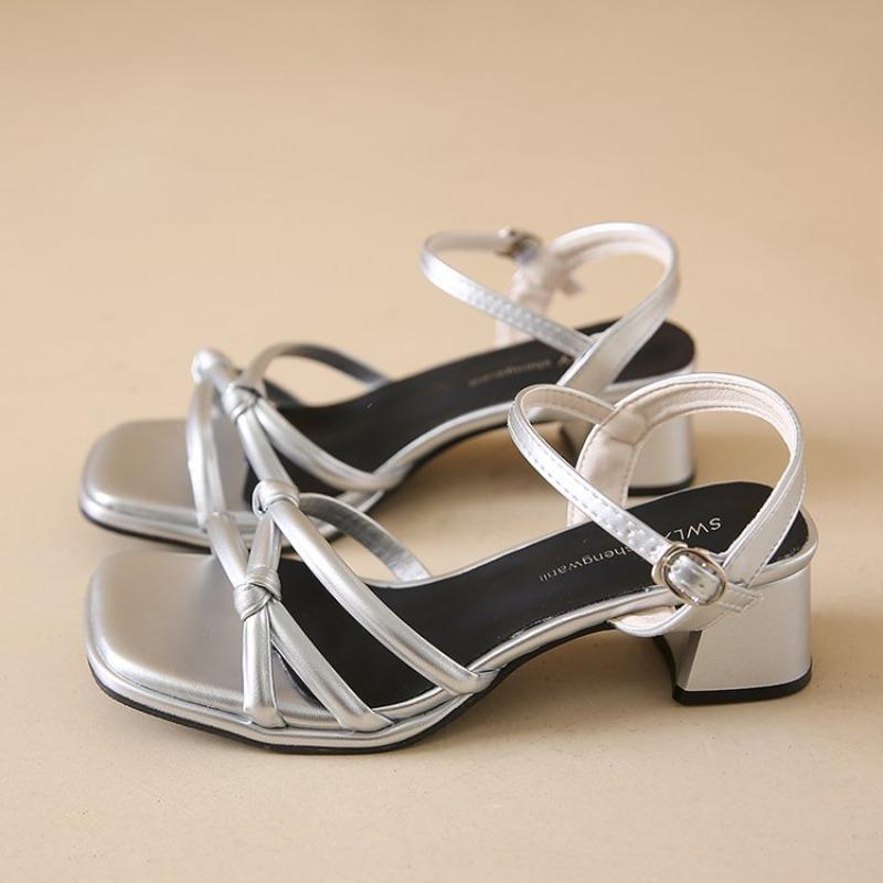 2025 Sexy Intertwined Silver Decoration Women's Sandals Open Toe Low Heels Sandals Summer Ankle Buckle Strap Party Shoes
