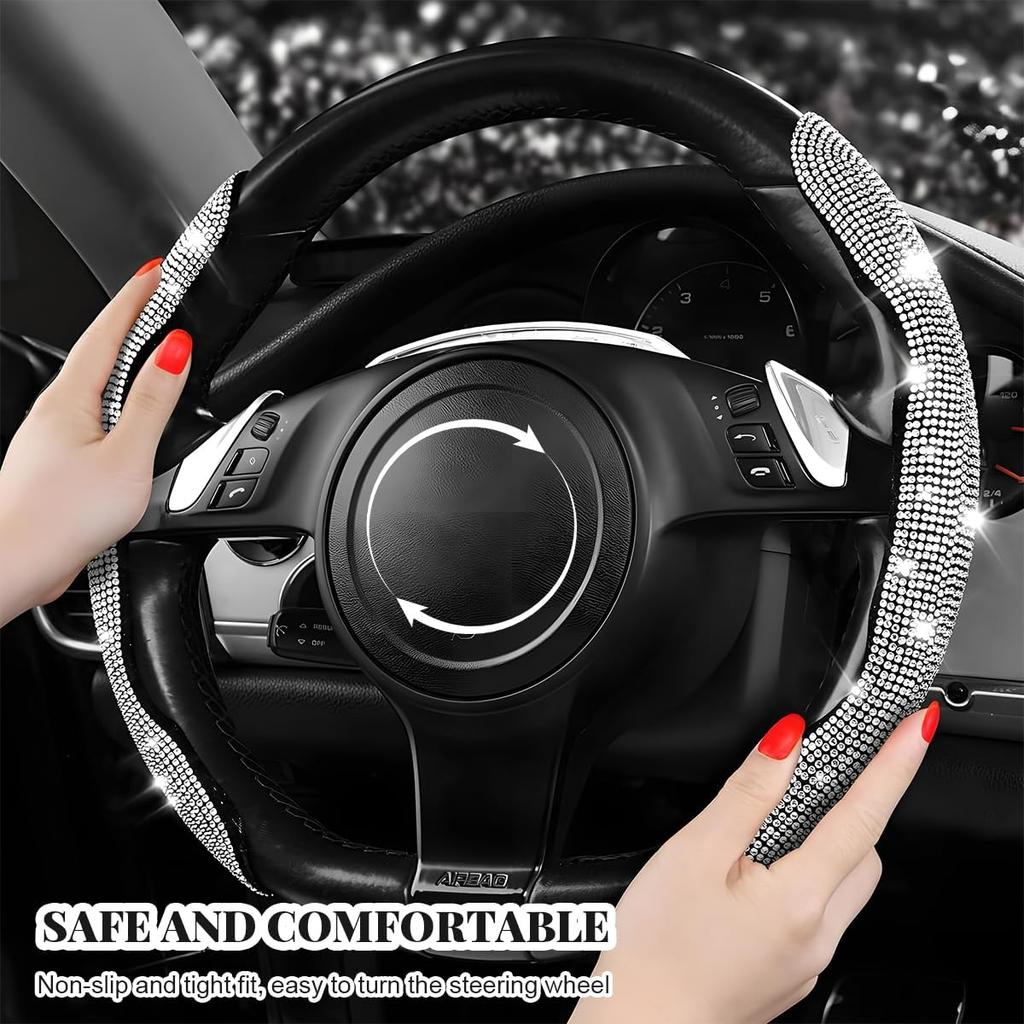 2 PCS Steering Wheel Cover, Segmented Car Wheel Covers With Crystal Rhinestones, Non-Slip Protector Bling Sparkly Decoration For Most Steering
