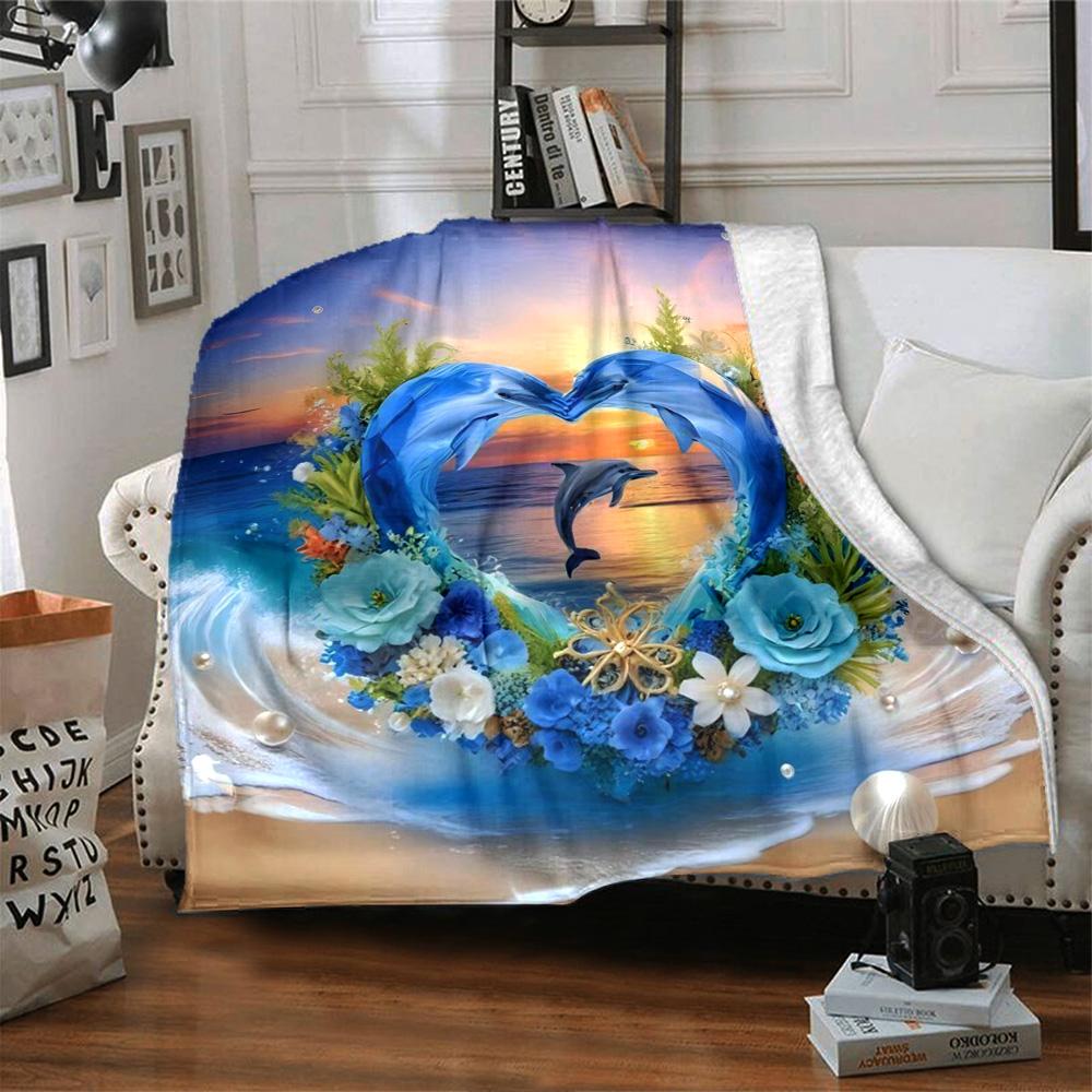 Dolphin Ocean Sunset Print Flannel Throw Blanket, Soft Warm Cozy Blanket for Sofa Bed Couch Home Decoration