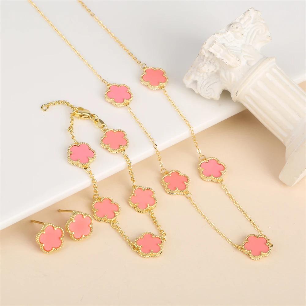 2024 Hot Sale 10 Colors Five-Leaf Flower Set Bracelet Necklace Classic Simple Women Zircon Set Suitable For Daily Party Wear
