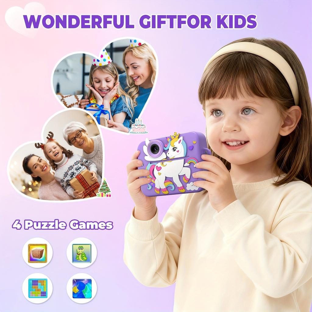 Kids Camera Instant Print with Silicone Cover, Creative Gifts for Girls Age 12+ Birthday , 1080P Digital Camera Toy