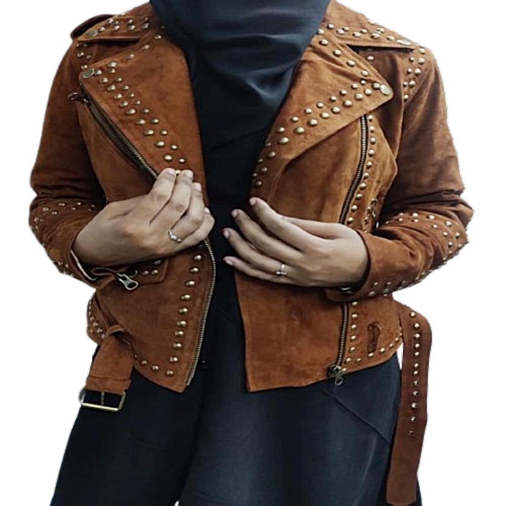 Women's American Style, Lambskin Brown Suede, Studded Jacket, With Zipper & Jacket,| Shoulder Strap, Gifts for her ,Cowgirl Jacket