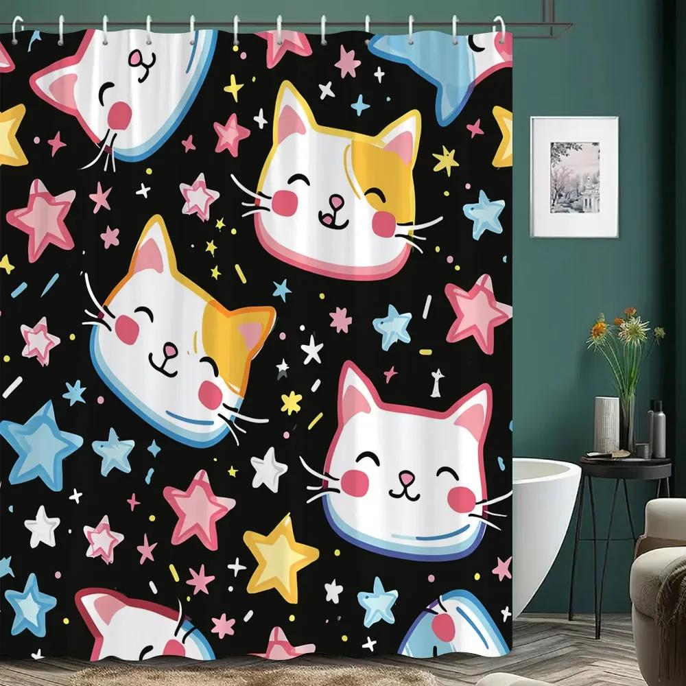Cartoon Cat Shower Curtain Black and White Line Cat Colourful Footprints Polyester Fabric Home Shower Curtains Bathroom Decor