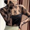 Mesh Lace Bottomed Blouse Hollow Lace Floral  Shirts Elegant Transparent T-shirt  Spring Autumn