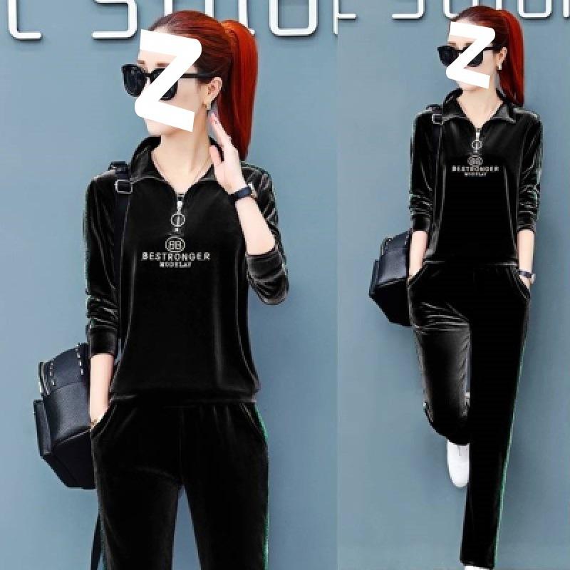 Gold Samt Set - Damenmode Frühling/Sommer Rundhals Freizeit Sportbekleidung Pullover Set aus zwei Teilen