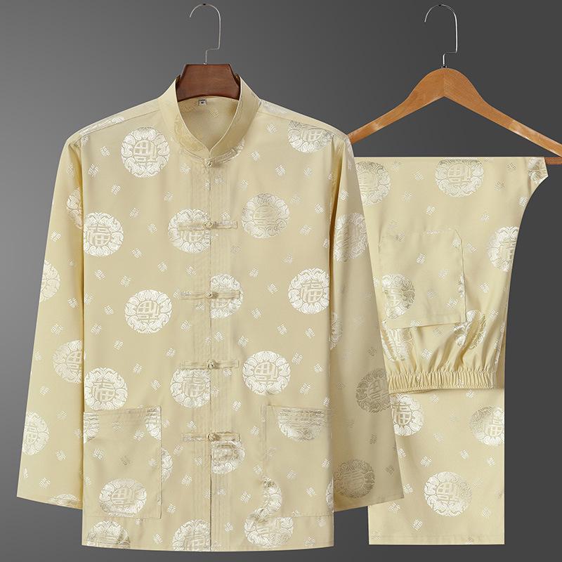 Men's Retro Ice Silk Long-Sleeved Tang Suit for Spring/Summer - Middle-Aged & Elderly Hanfu Tai Chi Outfit