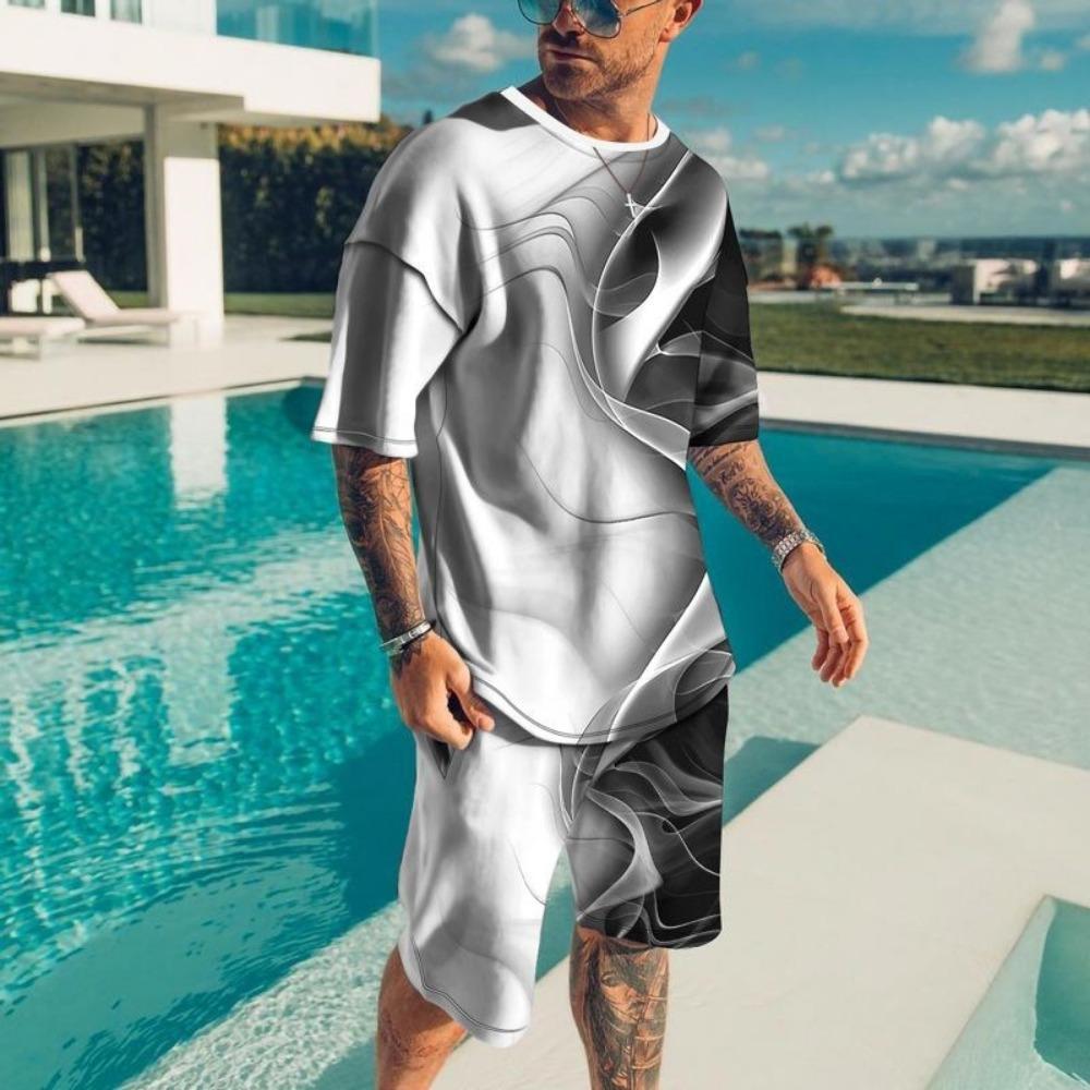 

New Fashion T-shirt and Shorts Set Street Men s Clothing Men s Set 3D Short Sleeve Loose Casual Colorful Line Printing Suit S