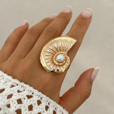 Ingemark Exaggerated Big Conch Snail Gold Color Rings for Women Trend Vintage Adjustable Imitation Pearl Rings Grunge Jewelry
