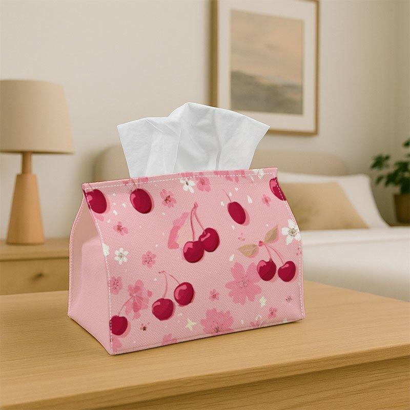 1pc Tissue Box Holder Features an Adorable Design of Cherries And Flowers On a Pink Backdrop - A Versatile Napkin Dispenser Suitable for Home Gatherin