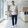 Men's Short Sleeve V-Neck Christmas Scrub Top with Chest Pocket and Print