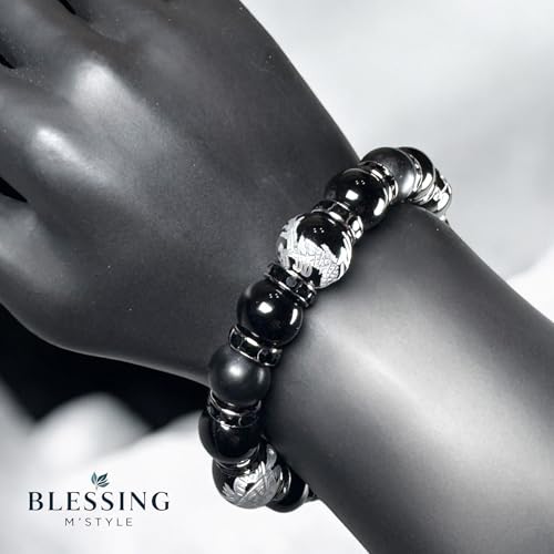 [BLESSING M'style] Natural Stone Power Stone Bracelet, Four Gods Bracelet, Morion, Matte Onyx, Silver-Engraved Onyx, Includes Luxury Suede Drawstring