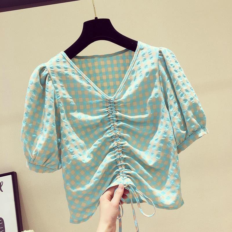 

Plaid Short-sleeved Shirt Female Summer V-neck Drawstring Short Section Design Sense Korean Fashion Puffy Sleeve Thin Tops 2XL