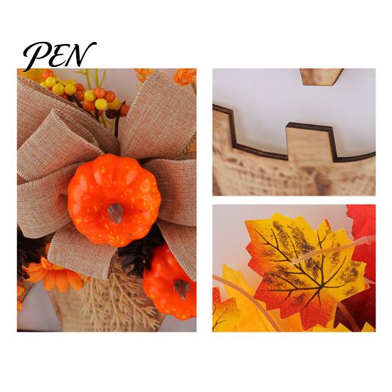 Harvest Season Home Interior Decor Wooden Pumpkin Halloween Door Sign with LED Lights, Artificial Floral Hanging Thanksgiving Party Welcome