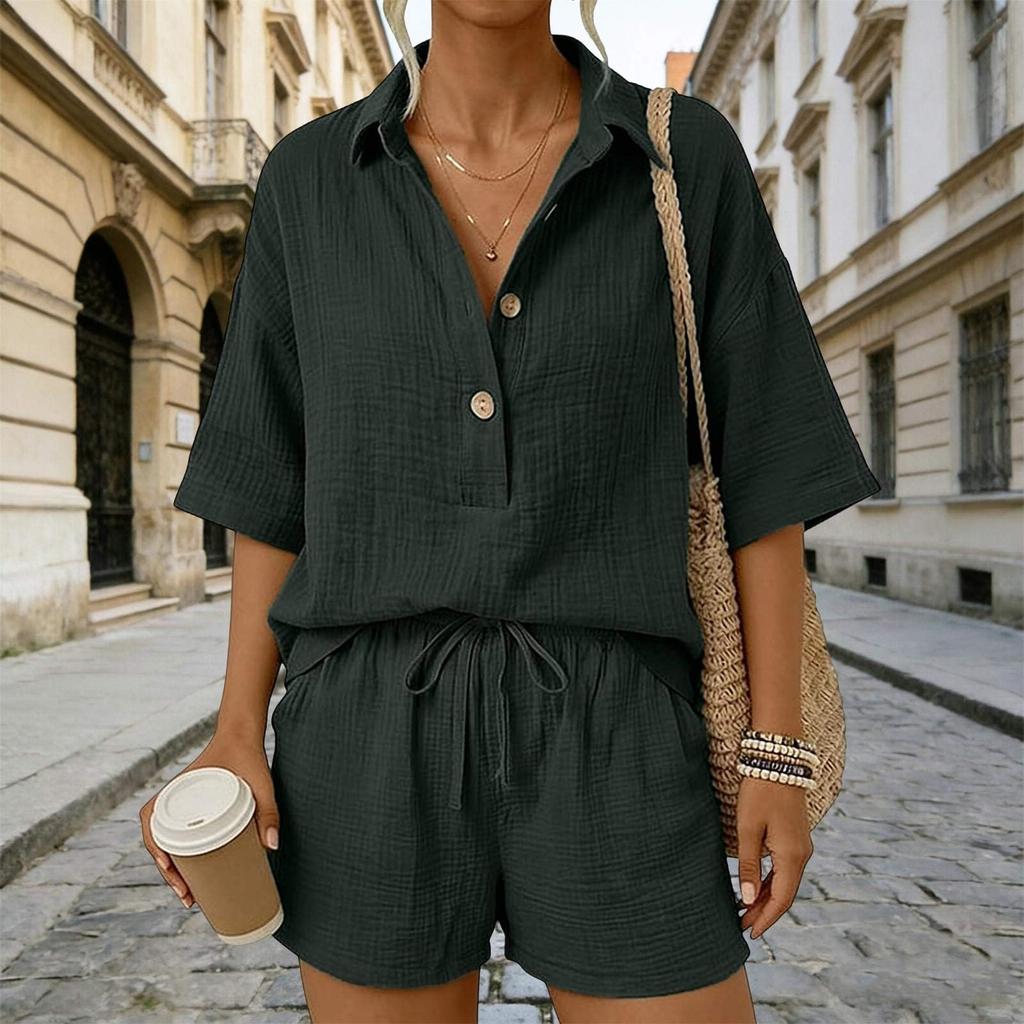 Women Casual Two Piece Set Lightweight Button Down Shirt and Drawstring Waist Shorts Relaxed Fit Summer Outfit