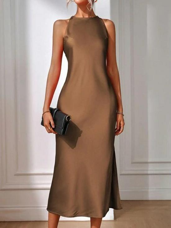 European & American Satin Sleeveless Silk-like Slit Dress for Women - Spring/Summer