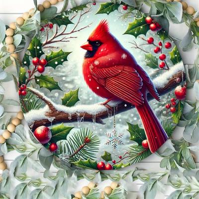 Pc Winter Cardinal and Holly Round Iron Sign X Cm Personalized Artistic Decorative Plaque for Front Door Porch Liv