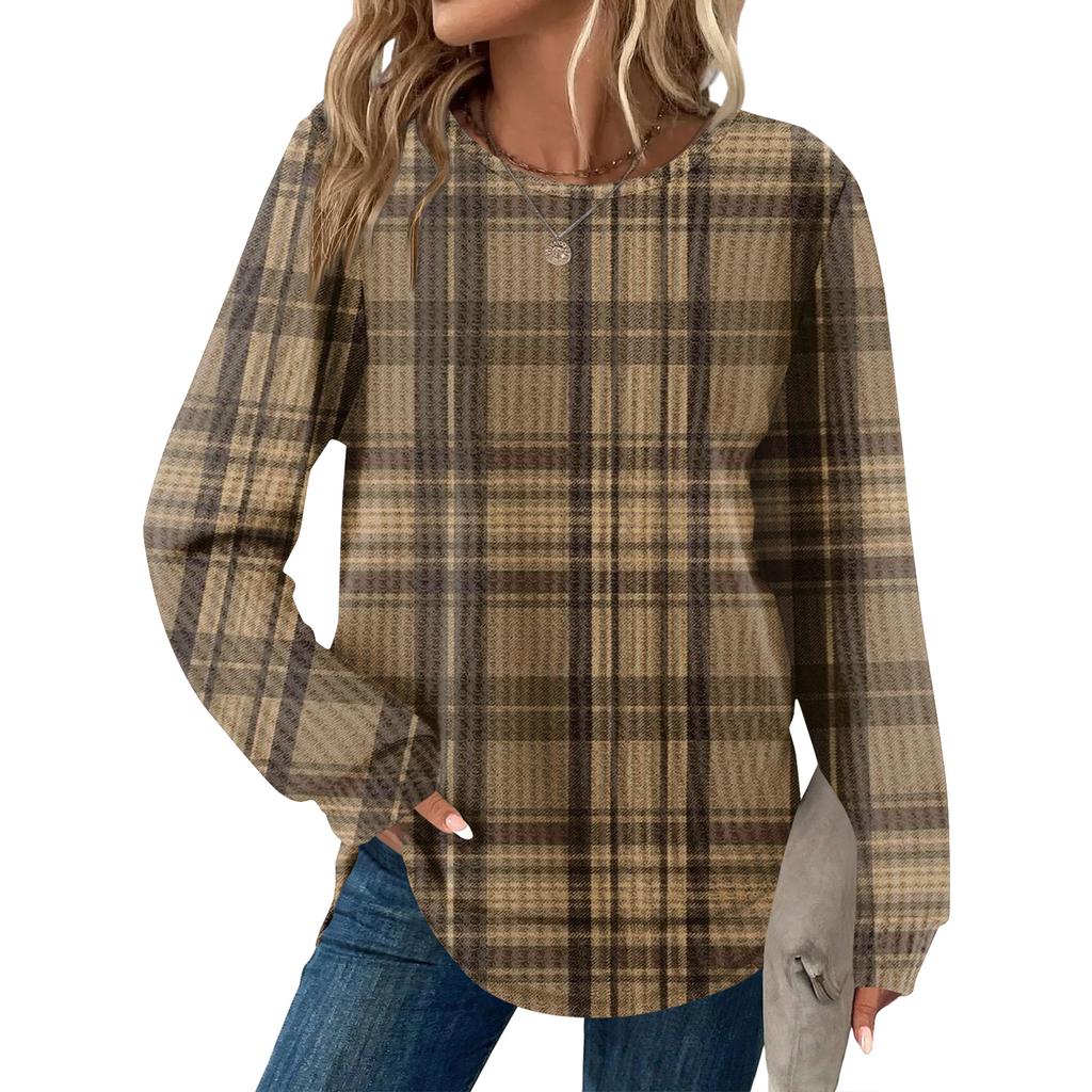 Women's Plaid Print Round Neck Long Sleeve Casual Loose Top