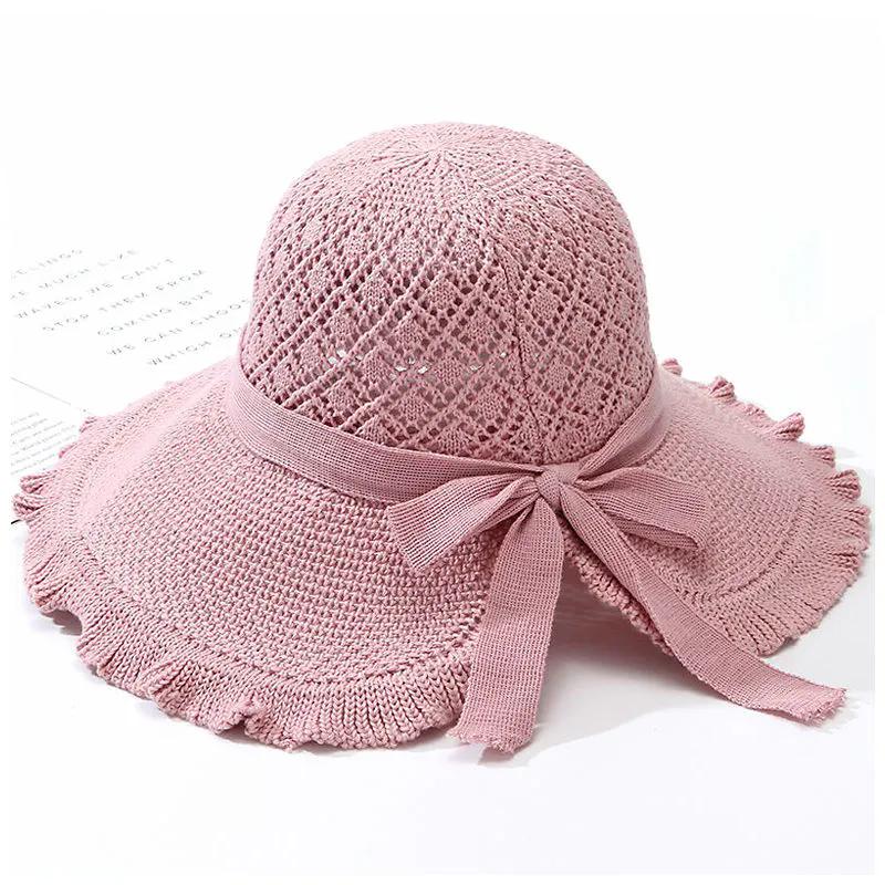 WTEMPO Women's Hollow-out Breathable Bow Wide Brim Sun Hats Solid Color  Elegant Casual Foldable Summer Outdoor Sunscreen Hats