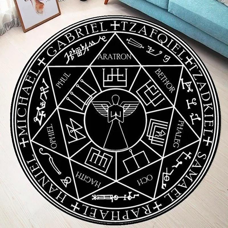 Motivo Sole Pentagramma, Schema Pentacolo, Carta Stellare, Stampa d'Arte Orientale Misteriosa, Tappeto con Rune Soprannaturali Bianco e Nero