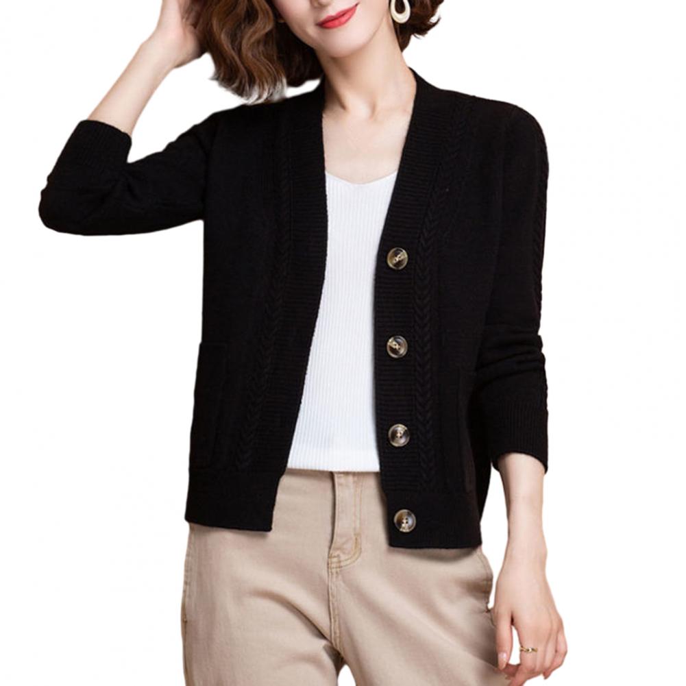 Women Knitted Cardigan Spring Autumn V Neck Button Closure Long Sleeves Solid Color Middle Age Ladies Coat Top Streetwear
