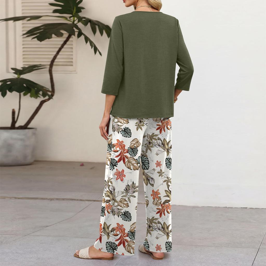 Women's Casual Button Front Top with Three Quarter Sleeves and Wide Leg Floral Print Pants Two Piece Set Comfortable Loose Fit