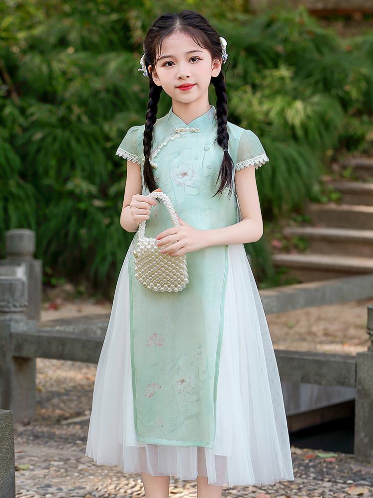 Girls' Cheongsam Dress 26 Summer New Style Chinese Style Dress New Chinese Mesh Splicing Cheongsam Dress