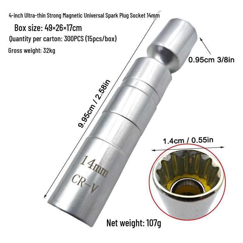 3/8" Ultra-Thin Magnetic Spark Plug Socket Wrench (14-16mm) - Extra Long Removal Tool
