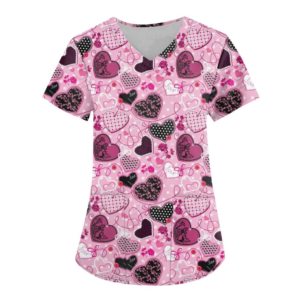 Nurse Uniform Love Heart Print Pocket V-Neck Nursing Scrubs Tops Workwear Women's T-shirts