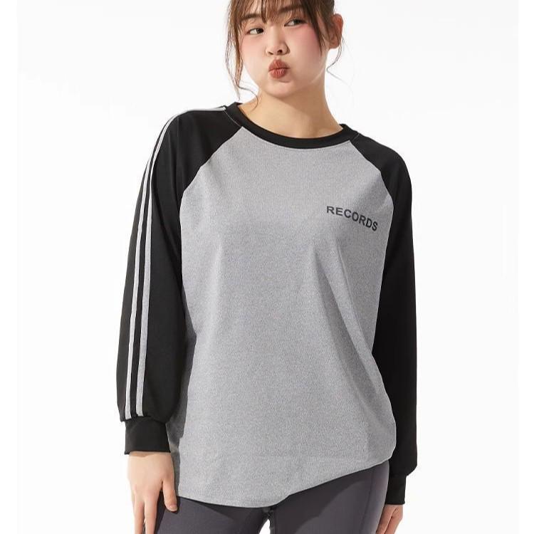 Plus Size Yoga Set: Loose Fit Color Block Long Sleeve, Hip-Covering Quick Dry for Running & Tennis.