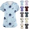 Women's V-Neck Short Sleeve Scrub Top with Pockets Halloween Print Caregiver Uniform