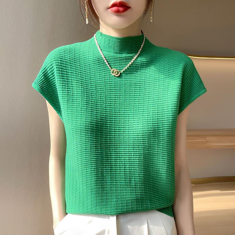 Damen locker gestrickter Pullover mit Kreuzstich, kurzärmelig - Halber Stehkragen, Übergröße, Basisshirt für den Herbst