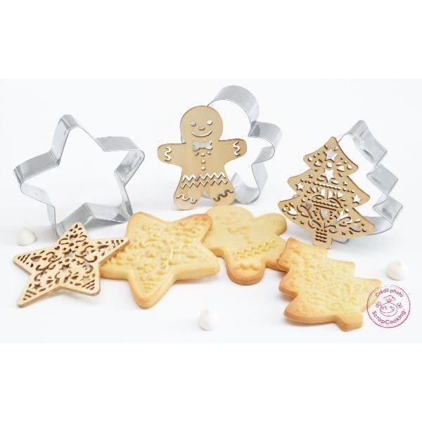 Coffret de 3 découpoirs et embosseurs bois - scrapcooking - noël (bonhomme de pain d'épice, sapin et étoile)