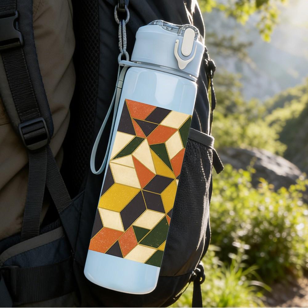 1PC Geometric Color Block Pattern 750ml Color Plastic Sports Water Bottle Leakproof Flip Straw Lid Suitable for Sports Office Home Use