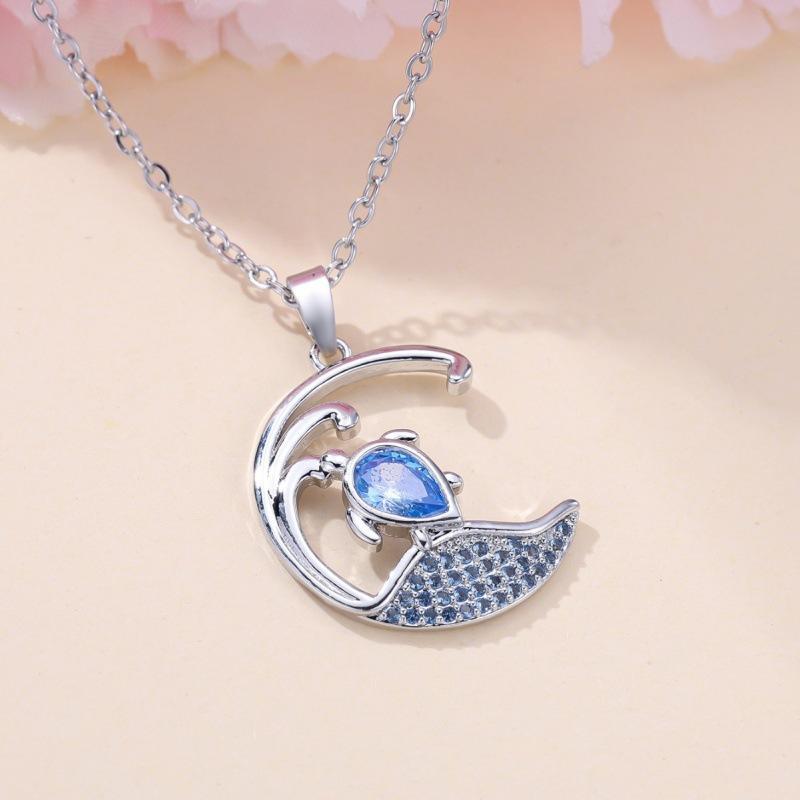 Hot Sale White K Sea Blue Diamond Wave Turtle Necklace