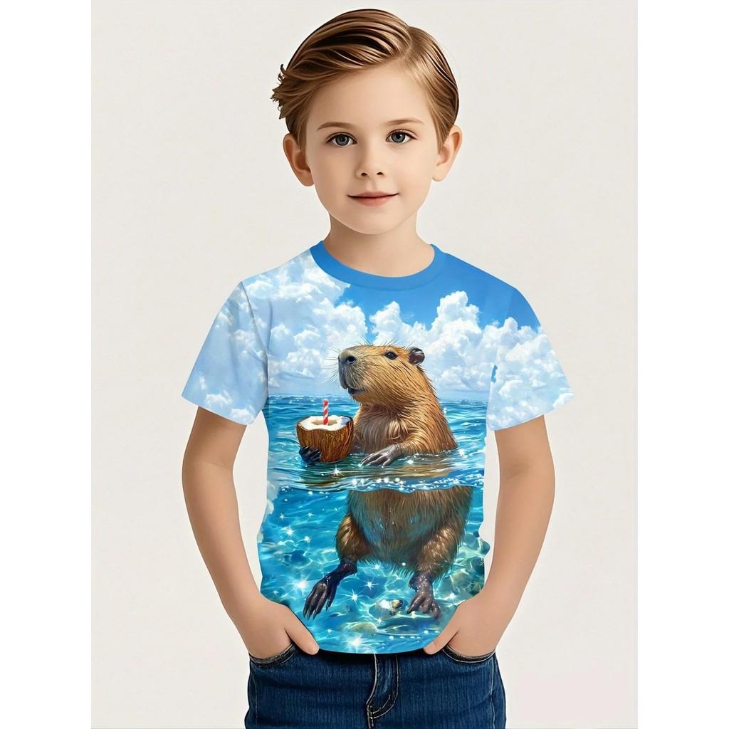 Kids Boy T-Shirt 3D Capybara Ocean Coconut Drink Print Crew Neck Short Sleeve Tee Children Summer Beach Outfit