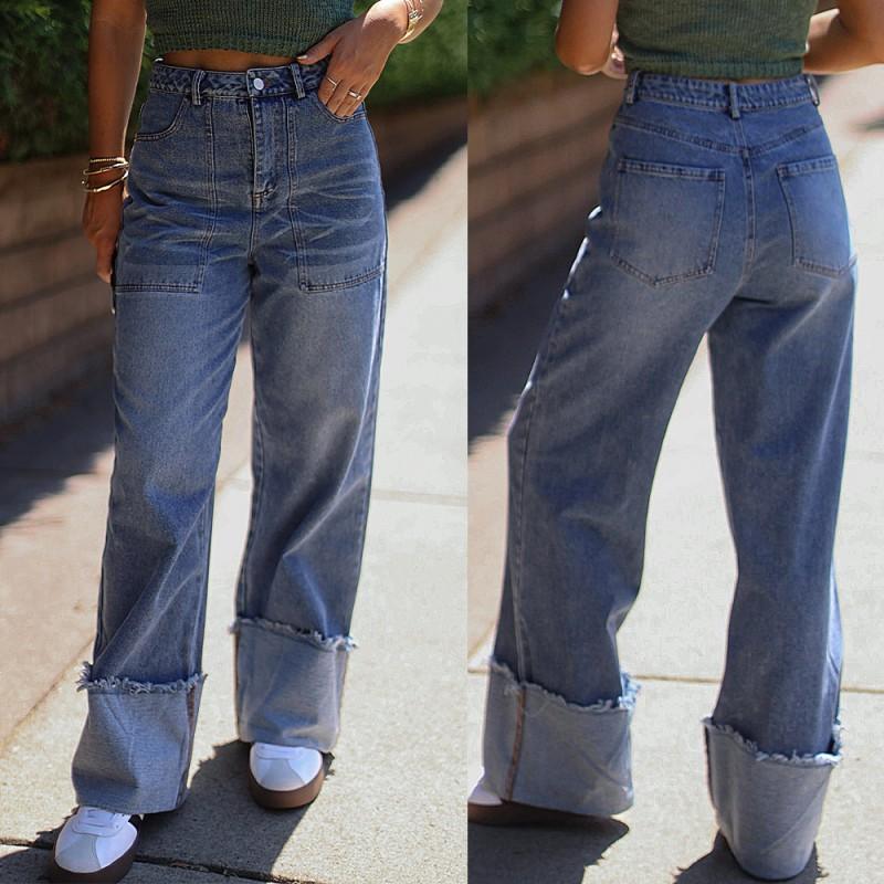 2026 Washed High Waist Wide Leg Jeans Frayed Hem Loose Casual Denim Pants Women