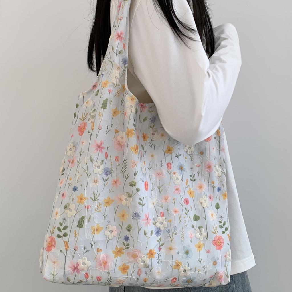 Korean Embroidered Floral Canvas Tote Bag Women's Single Shoulder Bag Casual Floral Printed Canvas Handbag Shopping Bag