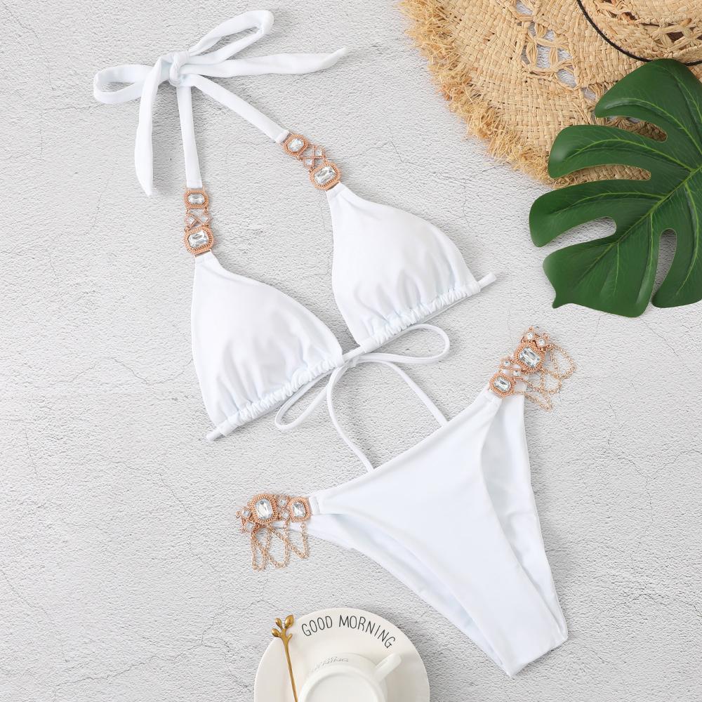 Sexy Women's Swimsuit With Rhinestones Solid Bikinis Female Swimwear 2025 Push Up Bikini Beachwear Swimming Bathing Suit Bather