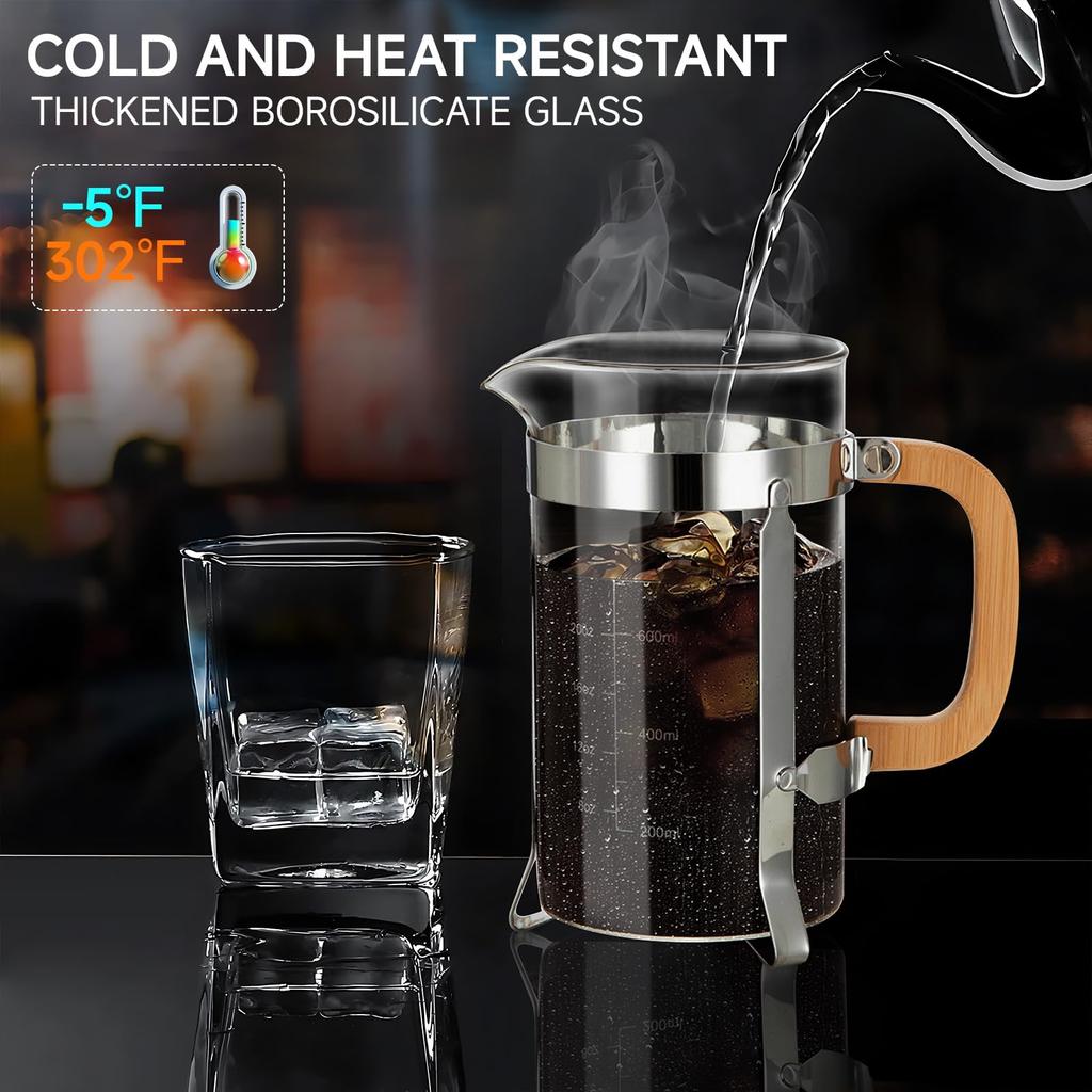 350/600ml French Press Coffee Maker,Durable Bamboo Lid Handle Coffee Pot With Filter System,Heat Resistant BPA-Free Glass Teapot