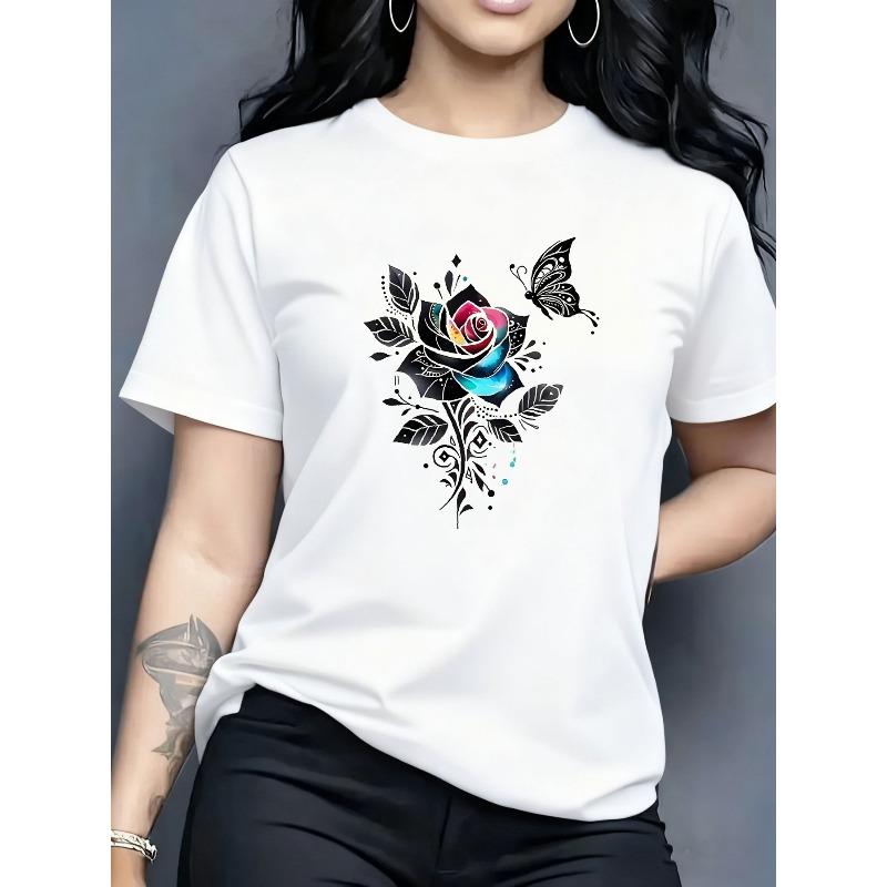 Dámské tričko s krátkým rukávem s květinovým a motýlím designem Stylový Elegantní Ležérní Trendy Top