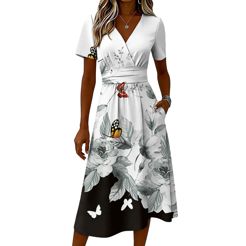 Ladies' Floral Casual Fashionable Short Sleeved V-neck Dress