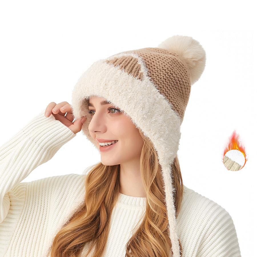Knitted Hat Women's Autumn Winter Cartoon Cat Ears Elastic Wool Hat Three Hair Balls Ear Protection Wool Hat