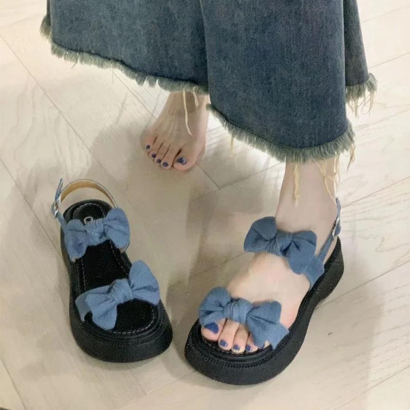 Fashion Platform One Word Blue Sandals for Women Outdoor Roman Style Bow Footwear Ladies Shoes Summer 2024 Trend Casual Comfort On Offer