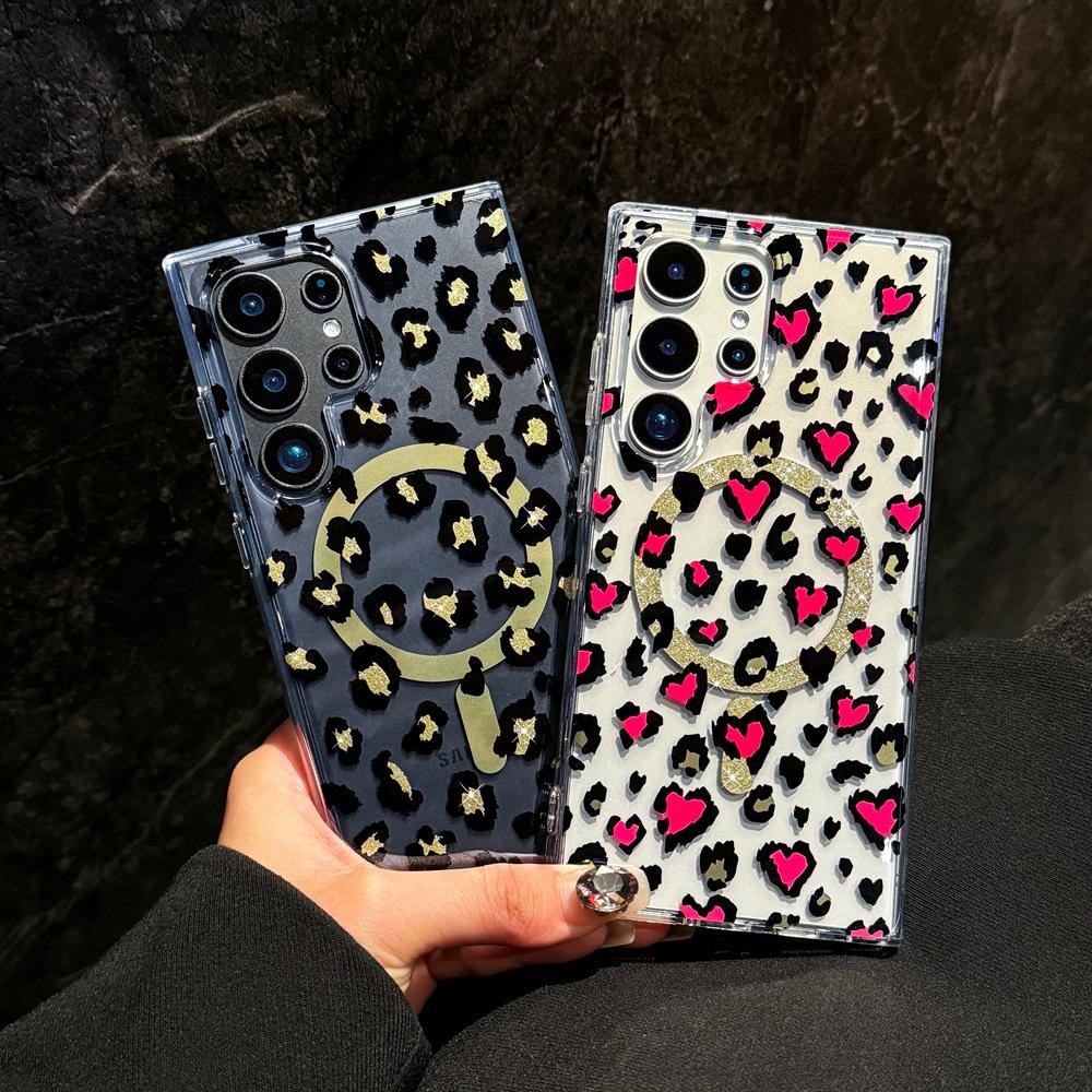 Applicable To Samsung S25u Mobile Phone Case, Leopard Print S26 Magnetic Case, European and American Wind Electroplating S23plus Transparent Case