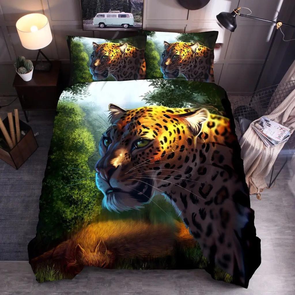 Animal Polyester Duvet Cover Set King Queen Twin Full Size Wild Animals Wolf Lion Fox Tiger 3D Print For Boys Bedding Set