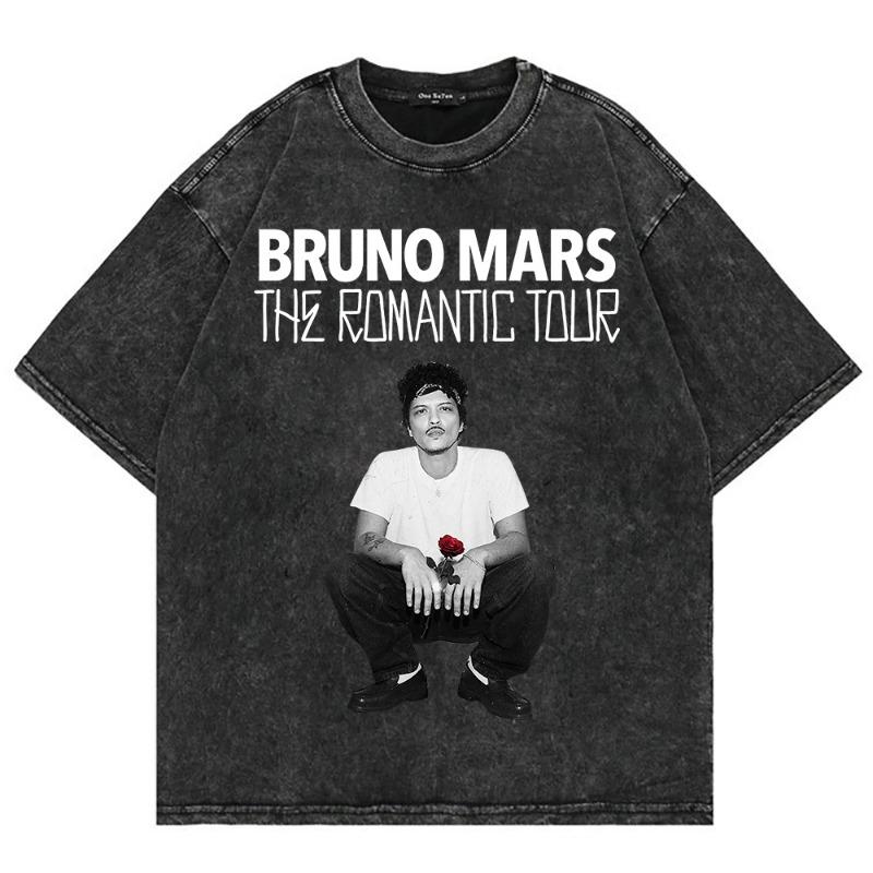 100% Cotton Vintage Washed Bruno Mars The Romantic Tour 2026 T Shirt Fashion Men/Women Retro Oversized Loose Acid Wash Tee Shirt